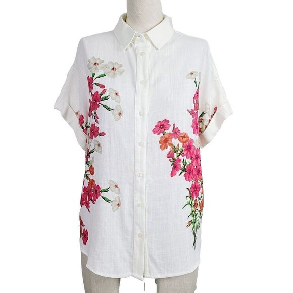NEW Desigual blouse S Cream Pink Floral Linen Blend Buttoned Short Sleeve Top - Picture 1 of 11
